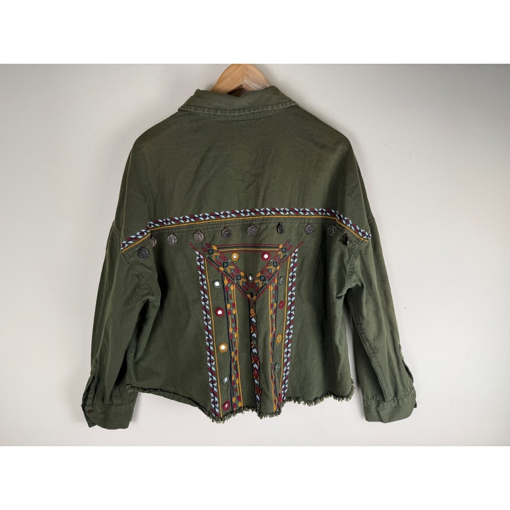 Anthropologie Beautiful Stories Oversize Green Embellished Boho Jacket Size LRG